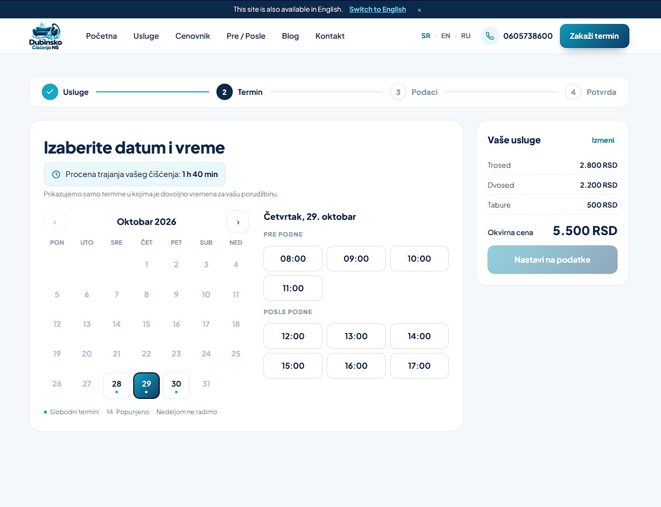 Online booking — live pricing and time-slot picker