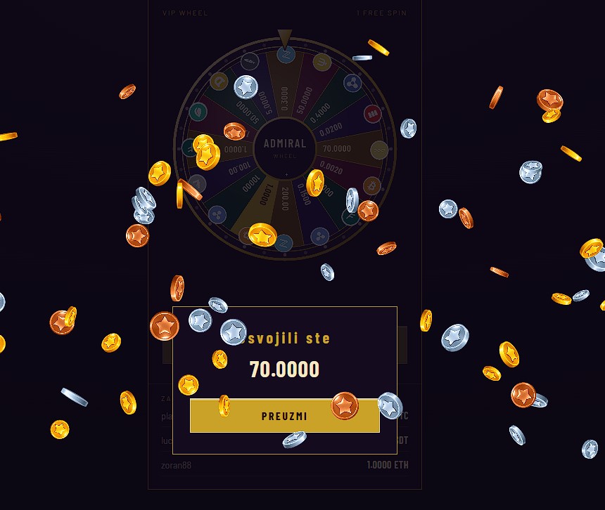 Bonus wheel with the win dialog and gold/silver/bronze coin shower
